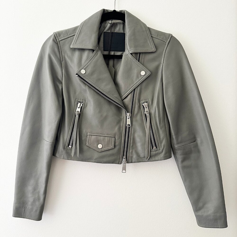All Saints Sage Green Genuine Leather Elora Biker Jacket